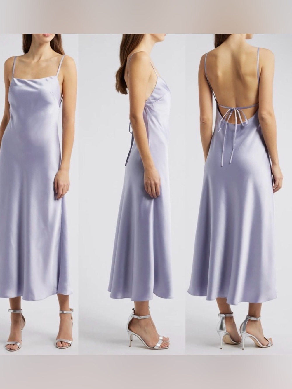 AMSALE ANDY Square Neck Lavender purple Slip Midi Dress gown with Open Back ties
